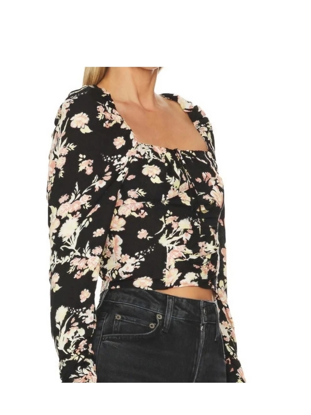 NWT Free People Hilary Black Floral Top Smocked Blouse S Boho Feminine Romance